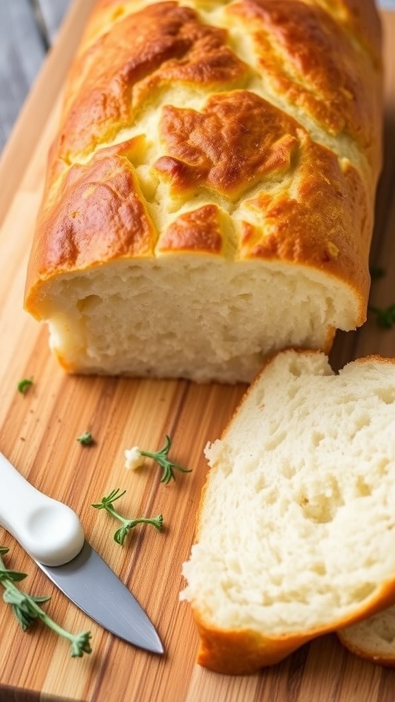 A golden-brown loaf of bread made from 2-ingredient dough, sliced on a wooden board with herbs.